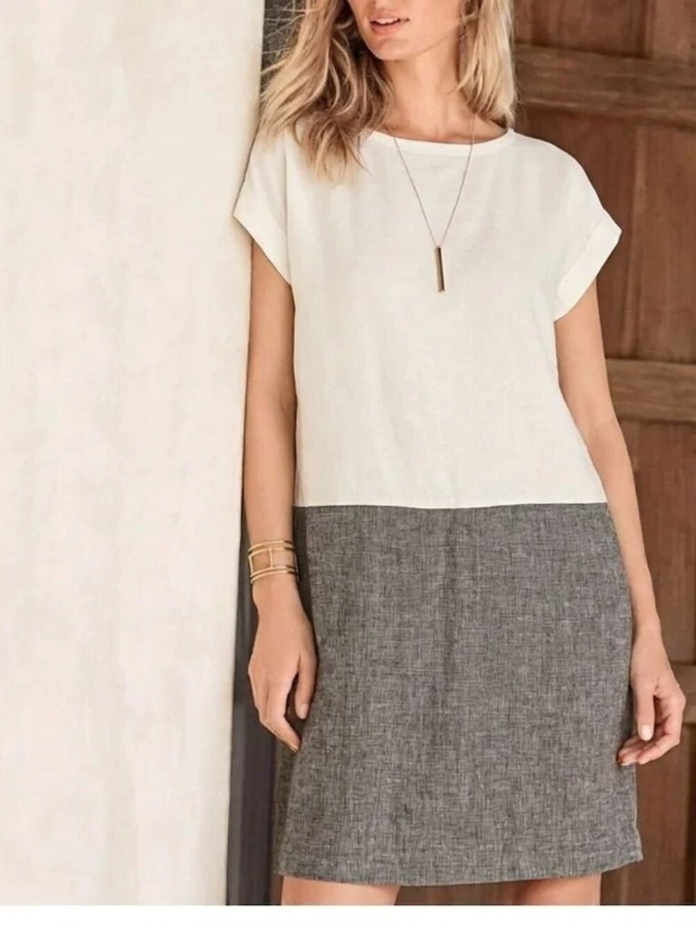 Garnet Hill Linen Shift Dress Womens White Gray Color Block Minimalist Size L